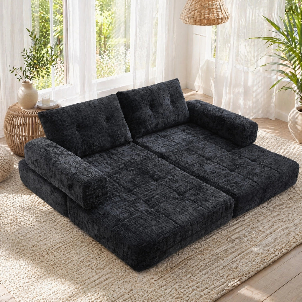 Divano letto pieghevole in chenille nero 79x180x18 cm; con cuscino schienale e poggiatesta