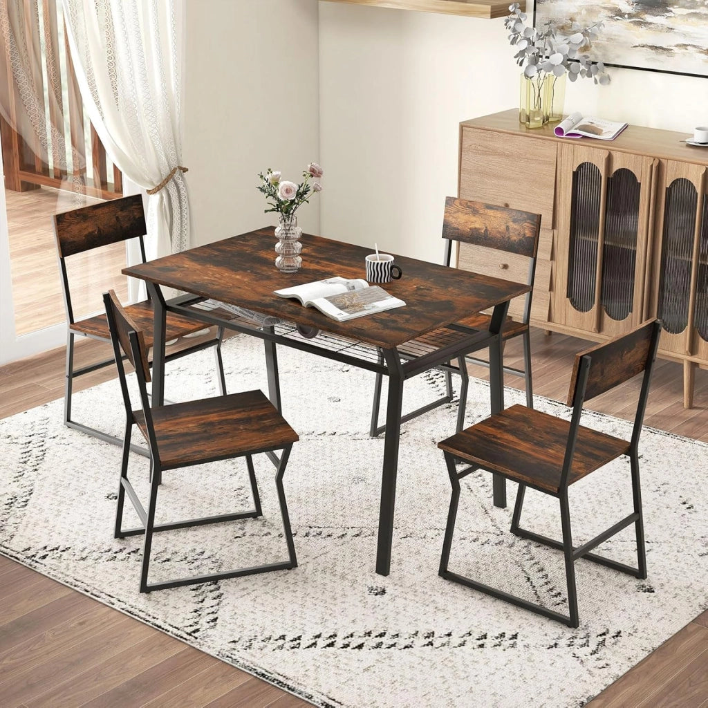 Set da Tavolo e Sedie da Pranzo, Tavolo da Pranzo con 4 Sedie Industriale, Set 5 Pezzi Mobili con Mensola Portaoggetti e Telaio in Metallo, per Cucina Sala da Pranzo, 110 x 70 cm (Marrone)