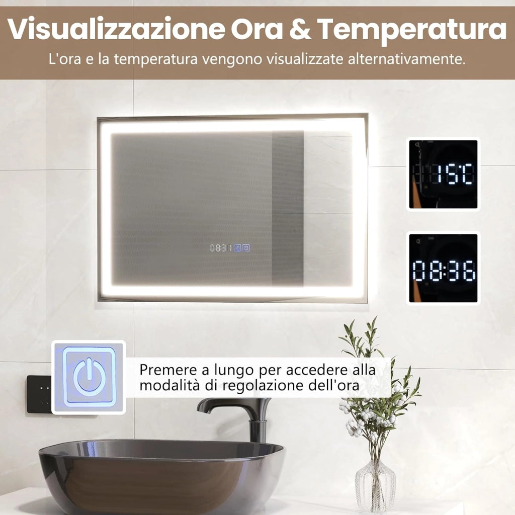 60x40/75x50 cm Specchio da Bagno a LED, Specchio Rettangolare a Parete con Luminosità Regolabile, 3 Temperature di Colore, Funzione Anti-appannamento e Memoria (60 cm x 40 cm)