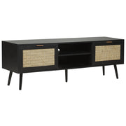 Porta TV in legno di manifattura nero con frontali in rattan e intreccio di vimini Gambe in legno di gomma nero 2 armadietti scaffali aperti Credenza in stile boho Soggiorno