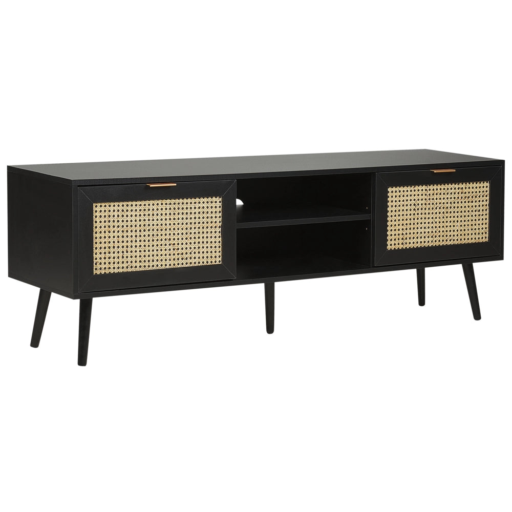 Porta TV in legno di manifattura nero con frontali in rattan e intreccio di vimini Gambe in legno di gomma nero 2 armadietti scaffali aperti Credenza in stile boho Soggiorno