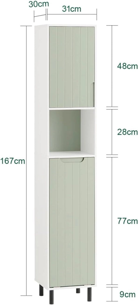 Mobile Alto Bagno Salvaspazio con Sacco Portabiancheria – Colonna Bagno Stretta con Ripiani, Armadietto per Lavanderia, WC o Bagni Piccoli, Bianco e Verde, 167x31x30cm, BZR137-GR