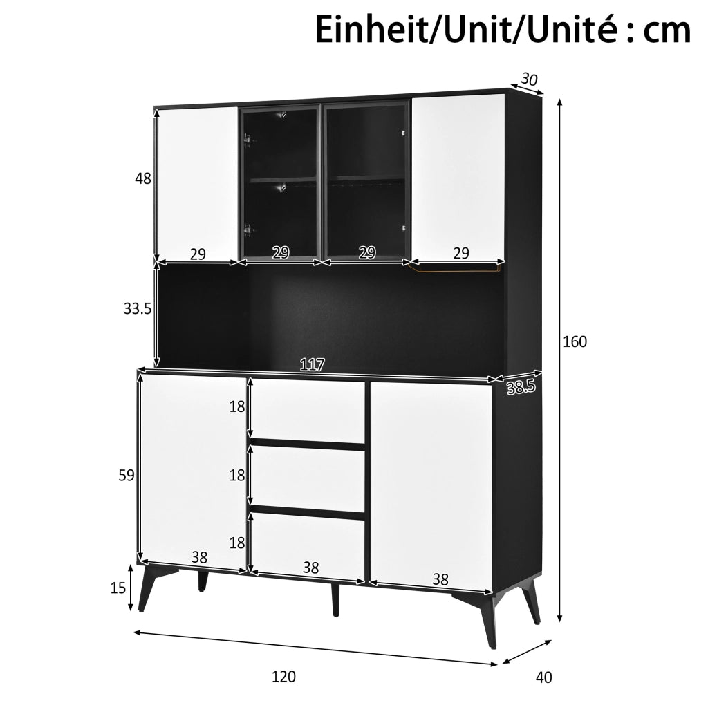 Credenza alta 120x40x160 cm con vetrina LED regolabile via app; 3 cassetti; bianco e nero