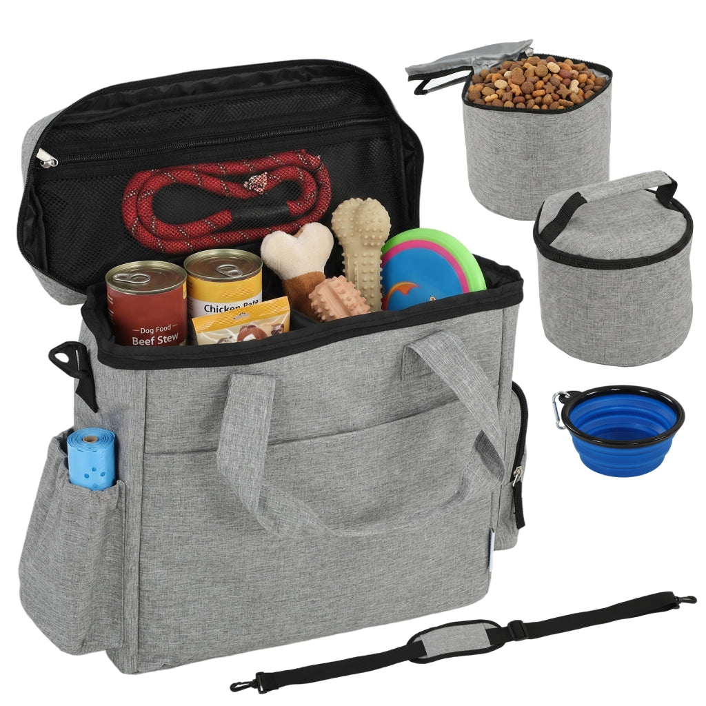 Borsa da Viaggio per Cani con 2 Contenitori e Ciotola Pieghevole ¨C Zephmum ¨C Grigio Chiaro