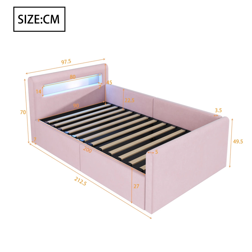Letto 90x200 cm - Letto imbottito,Con luce notturna,Porta di ricarica USB,Con vani portaoggetti,Velluto,Funzione di accumulo idraulico,Rosa