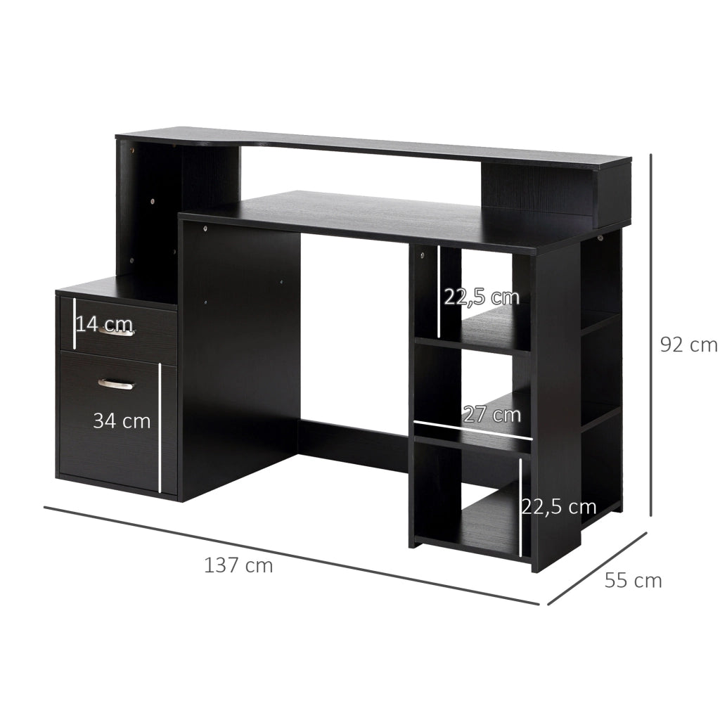 Scrivania computer con 2 cassetti e scaffale ¨C zephmum ¨C nero 137x55x92 cm