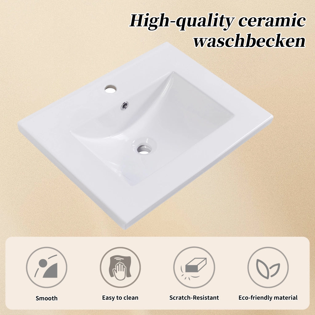 Mobile sottolavabo con lavabo in ceramica da bagno con base a pavimento in legno massello e MDF bianco 60 cm