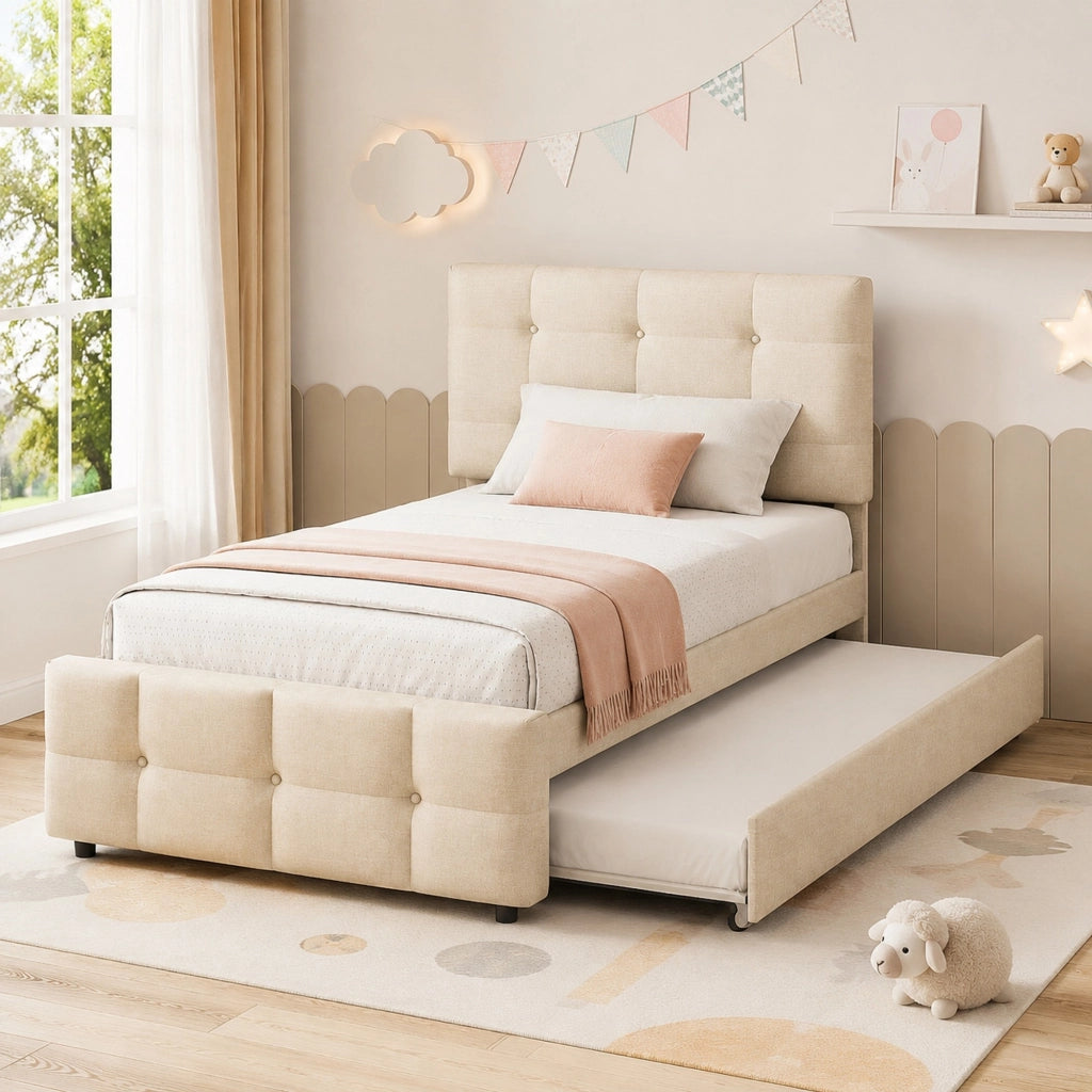Letto imbottito estraibile 90x200 cm con testiera regolabile; beige