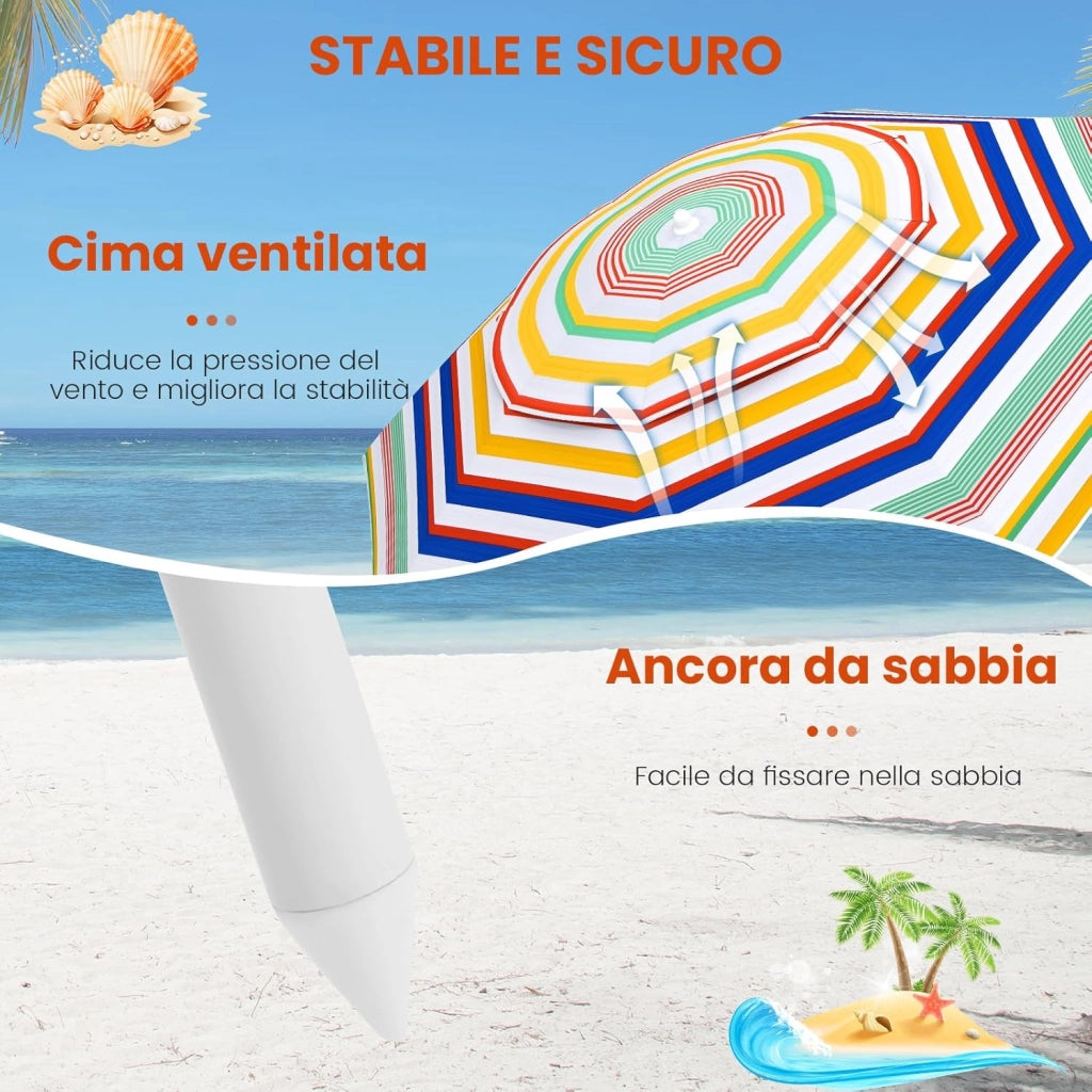 Ombrellone da Spiaggia da 179 cm, Protezione Solare, Ombrellone da Esterno Portatile con Inclinazione Regolabile, Borsa per il Trasporto, per Patio, Giardino, Cortile