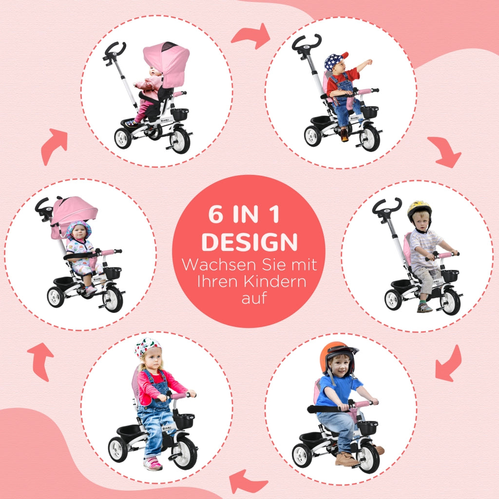 Triciclo 6 in 1 per Bambini ¨C zephmum ¨C Rosa con Schiebestange, Cestino e Cintura