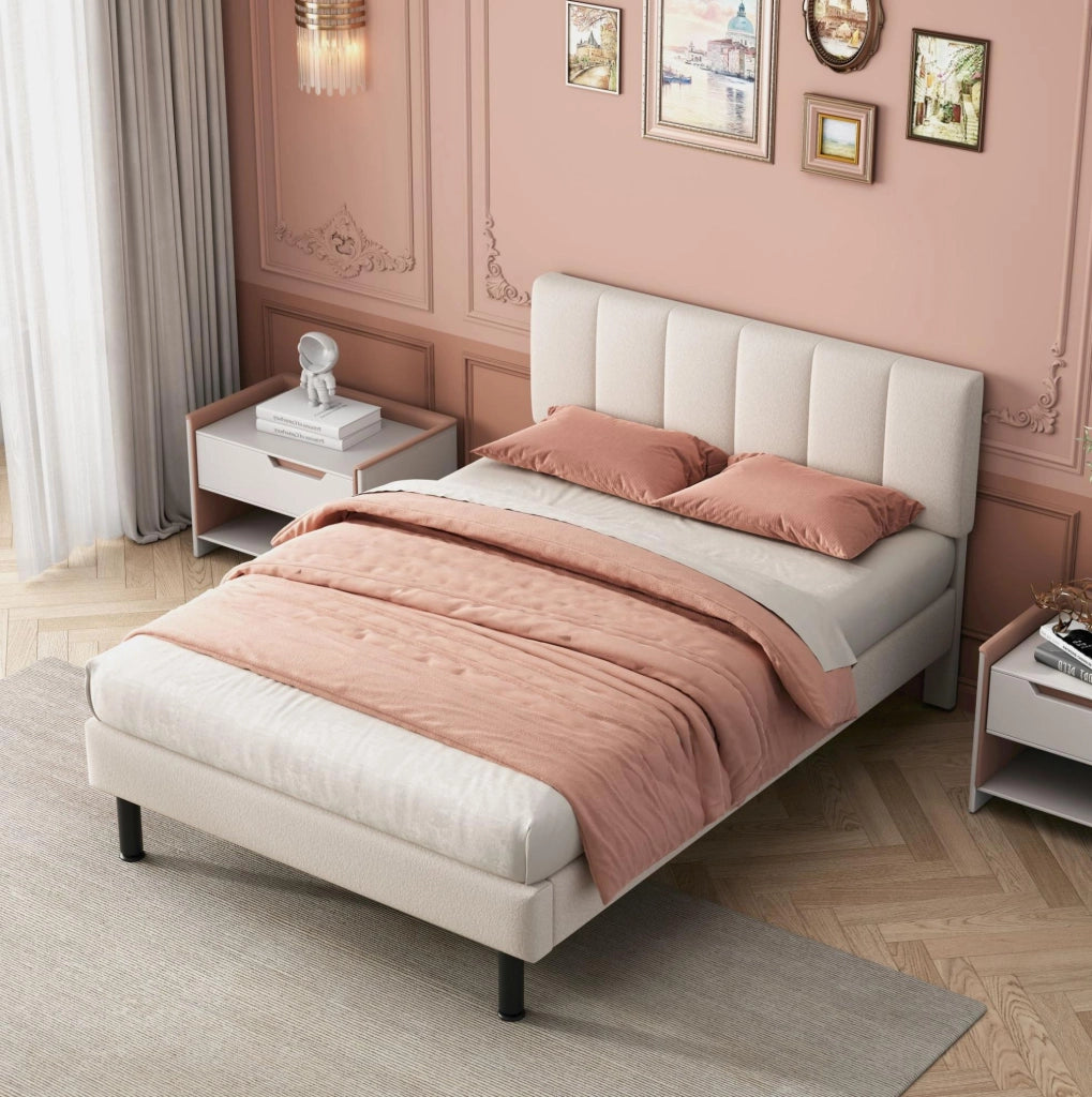 Letto 140x190 cm con rete a doghe; tessuto sherpa beige