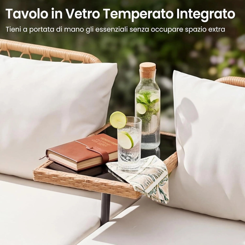Divano da Giardino in Rattan PE, Panchina da Esterno con Tavolino Integrato in Vetro Temperato, Divanetto a 2 Posti, Cuscini Imbottiti, per Balcone, Terrazza e Cortile, Portata 150 kg
