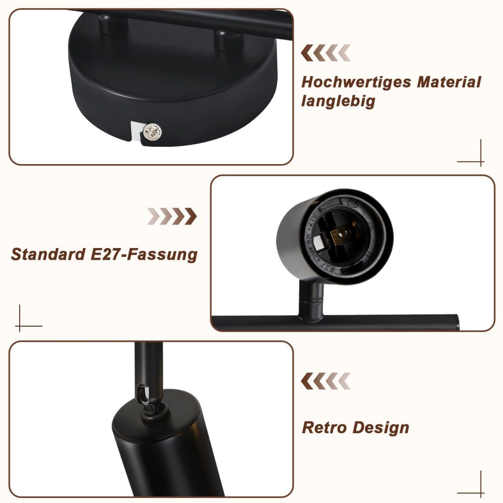 ZMH Faretto da soffitto nero - Lampada da soffitto con faretti E27 orientabili a 350° per camera da letto vintage