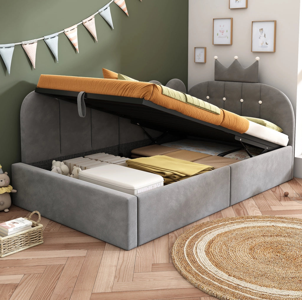 Letto daybed 90x190 cm in velluto grigio con vano contenitore idraulico