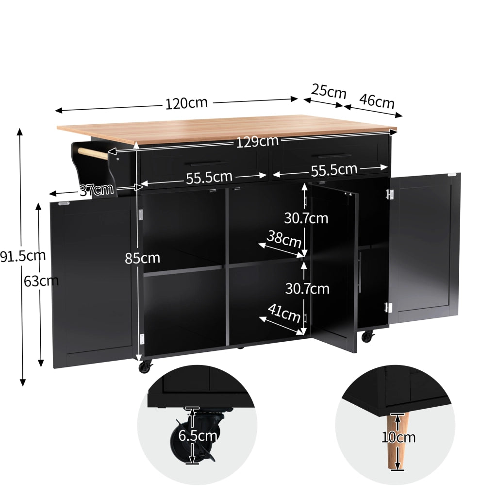 OKWISH Carrello da Cucina con 3 Vani, 2 Cassetti, Piano Ribaltabile e Portasciugamani, per Cucina, 129×46×91.5 cm