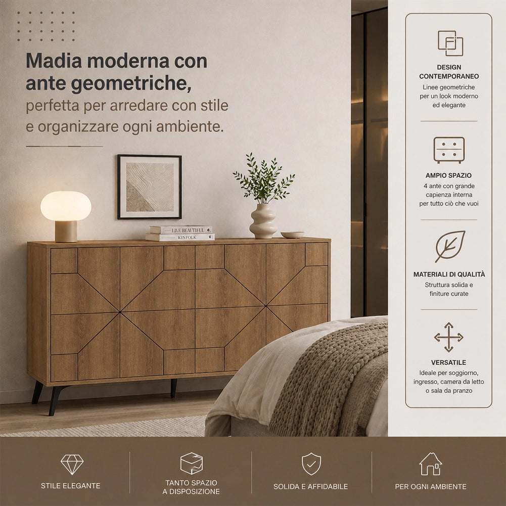 Madia con 4 Ante Credenza Design Geometrico Moderno in Legno 123x77 cm Rovere