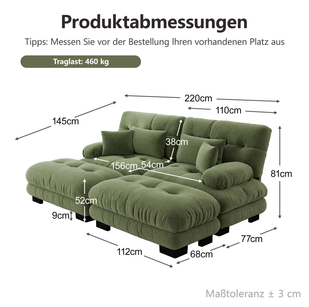 Divano angolare Cloud in chenille verde con 2 cuscini lombari, 2 cuscini decorativi e 2 pouf abbinati