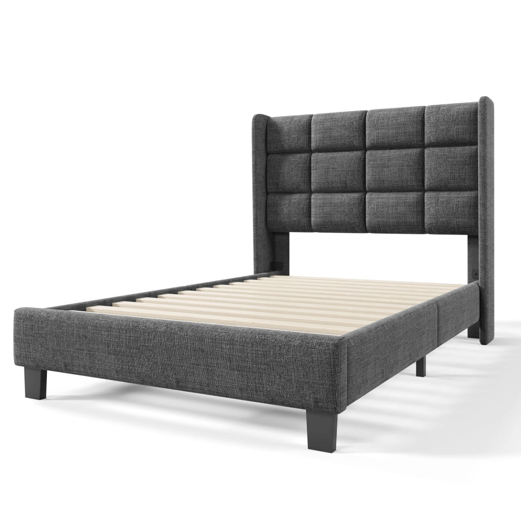 Letto singolo design – 90x200 cm – testiera imbottita rete – lino grigio