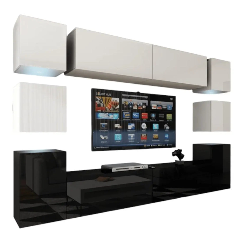 Set di mobili da soggiorno sospesi, parte inferiore nera, parte superiore bianca, collezione CEPTO XIV. 256cm, 10 pezzi, con illuminazione a LED.