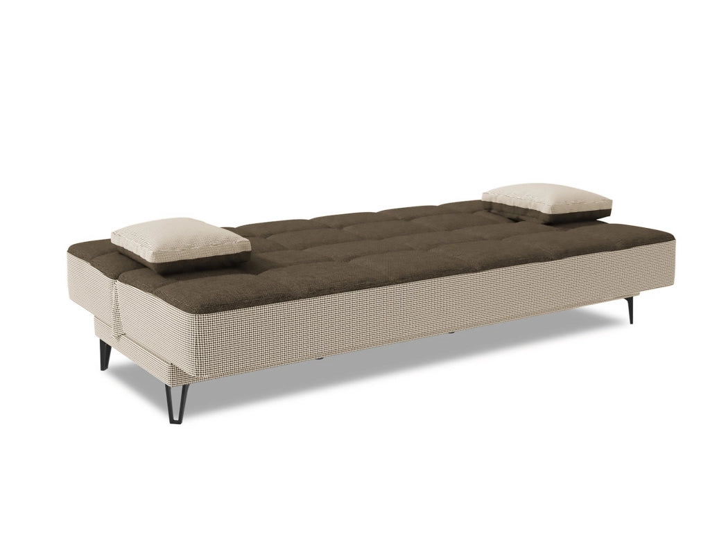 Divano letto Aborigeni, Divano letto a 3 posti con piedini in metallo nero , SofÒ  da soggiorno in tessuto imbottito con apertura click-clack, 190x87h97 cm, Grigio E Marrone