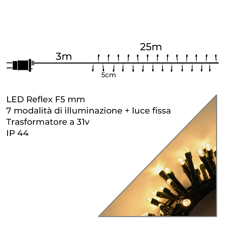 CATENA LUMINOSA LED GIALLA DA 25 METRI CON CAVO VERDE LUCE CALDA - ILLUMINAZIONE PER ESTERNI E INTERNI