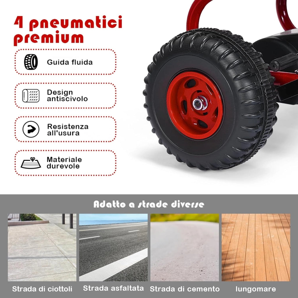 Go Kart a Pedali per Bambini, Go Kart Veicolo con Sedile Regolabile e Freno a Mano, per Bambini 3-6 Anni, Portata Massima 30 kg (Rosso)