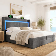 LETTO Imbottito 180x200 cm con contenitore idraulico, LED, USB e USB-C, Grigio