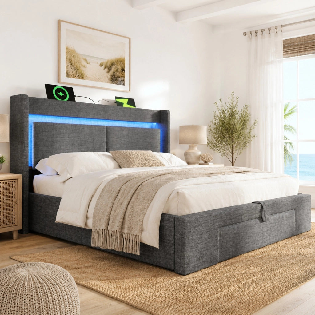 LETTO Imbottito 180x200 cm con contenitore idraulico, LED, USB e USB-C, Grigio