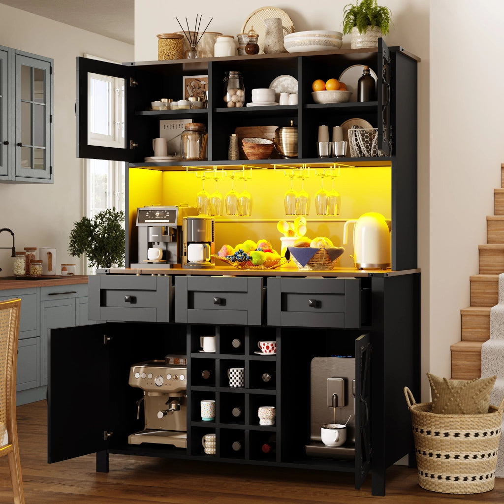Credenza Alta con LED, USB e Prese ¨C MINIMAL ¨C 4 Ante, 3 Cassetti, Nero, 120¡Á40¡Á170cm