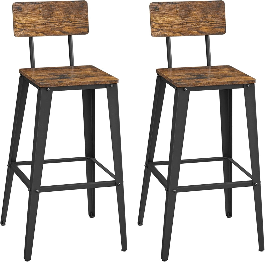 VASAGLE Sgabelli da Bar, Set da 2, Sgabelli Cucina, con Schienale, Struttura in Acciaio, Facile da Montare, Sgabelli Alti, Stile Industriale, Marrone Vintage e Nero LBC078B01