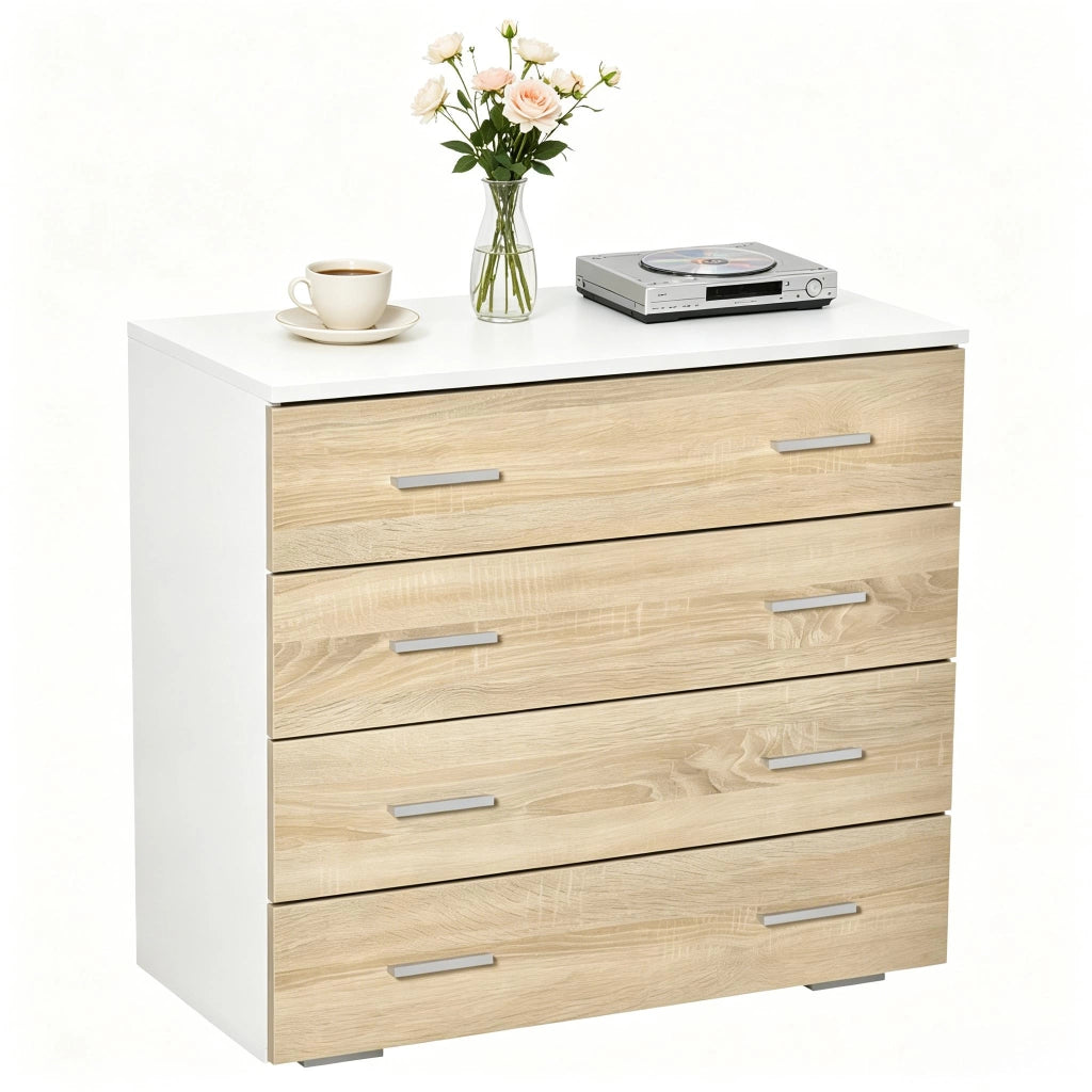 Comodino/Cassettiera moderna a 4 cassetti bianco e legno chiaro