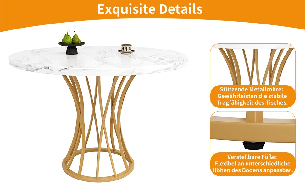 Tavolo da Pranzo Rotondo ¨C MINIMAL ¨C Piano MDF Effetto Marmo, Gambe Dorate, 80x80x76 cm