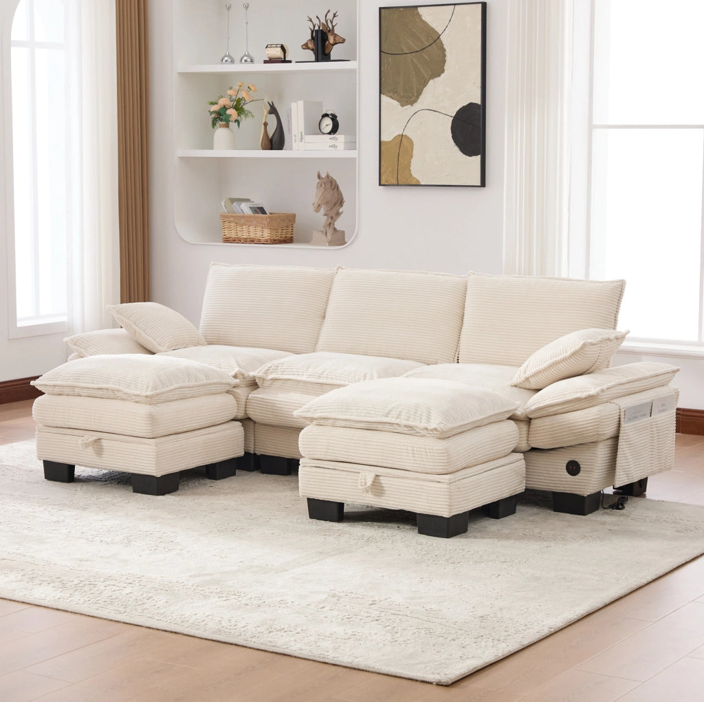 Divano modulare 3 posti in corduroy beige con USB-C e pouf; 260x132x84 cm