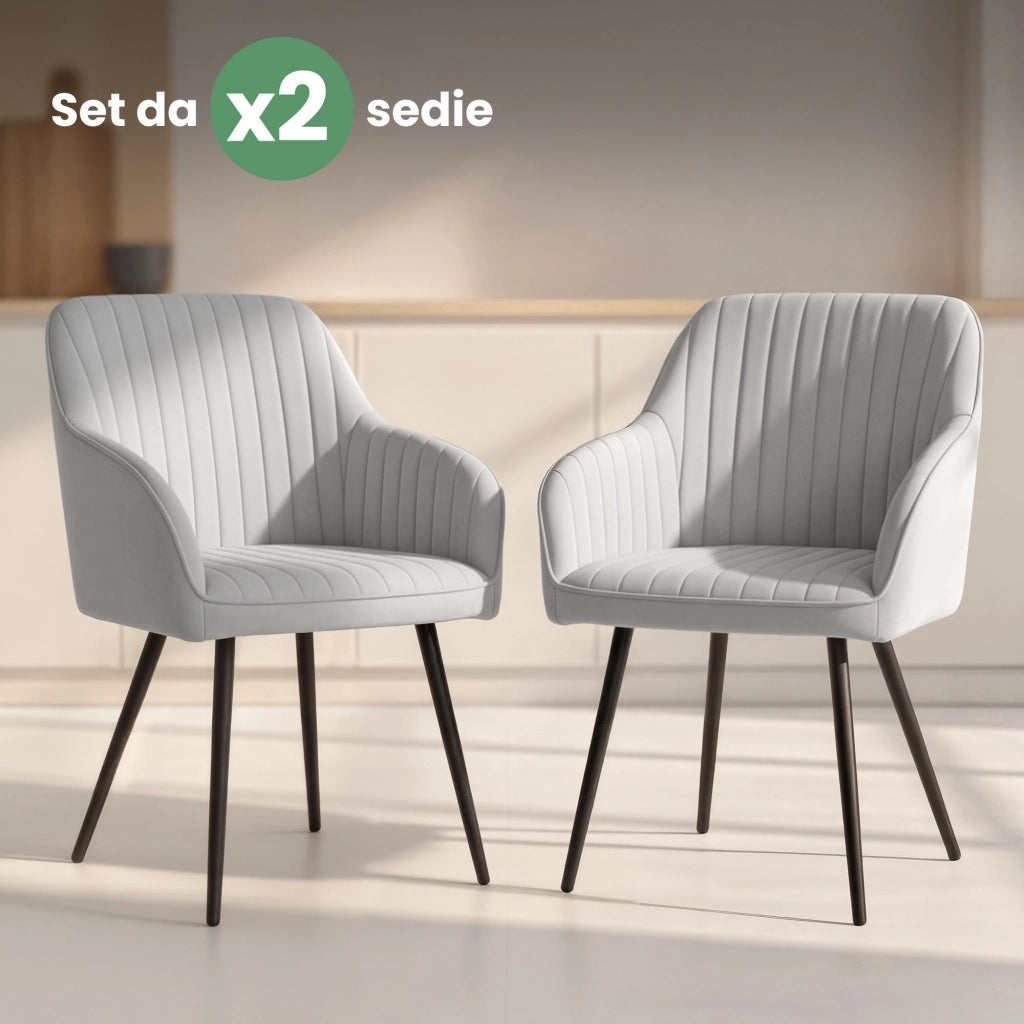 Set di 2 Sedie in velluto con cuciture verticali FLORENCE Grigio gambe nere