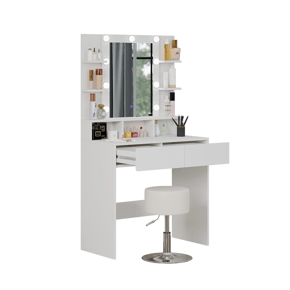 Vicco Tavolo da toeletta Bianco 80 cm con illuminazione LED e sgabello