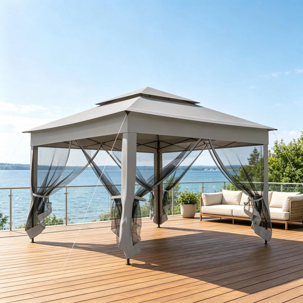 GAZEBO con doppio tetto 3,25 x 3,25 x 2,7 m nero/grigio-marrone