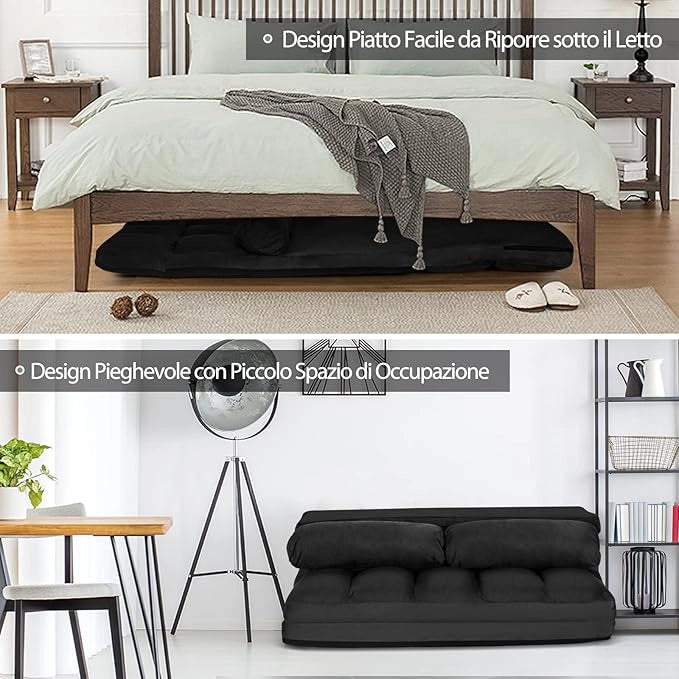 Divano Letto da Terra con 2 Cuscini, Divano Letto Pieghevole con Schienale Regolabile a 6 Livelli, Ideale per Camera da Letto e Soggiorno (Nero)