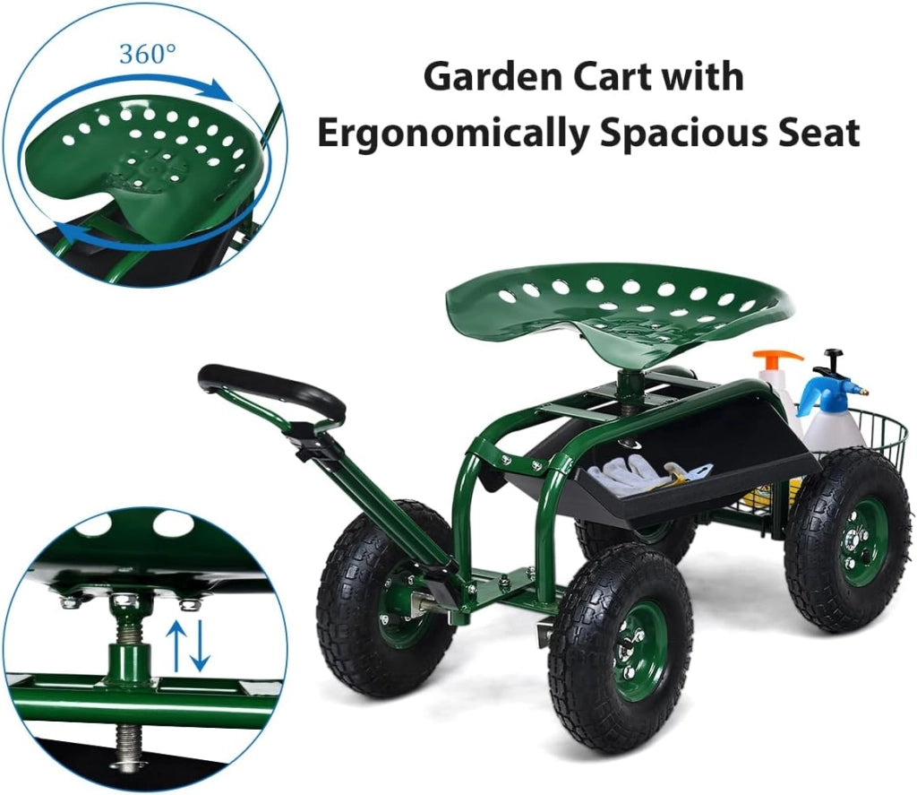 Sedile girevole per giardinaggio, sedile da giardino, girevole a 360°, regolabile in altezza, 45,5-54,5 cm, carrello da giardino con manico estraibile, ripiano e cestino da lavoro, portata 150