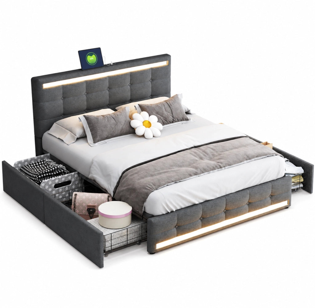 Letto imbottito 140x200 cm con LED e USB; con 4 cassetti; grigio