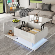 Tavolino da caffè elevabile 100x50x33/47;5 cm bianco lucido con LED e vetro temperato