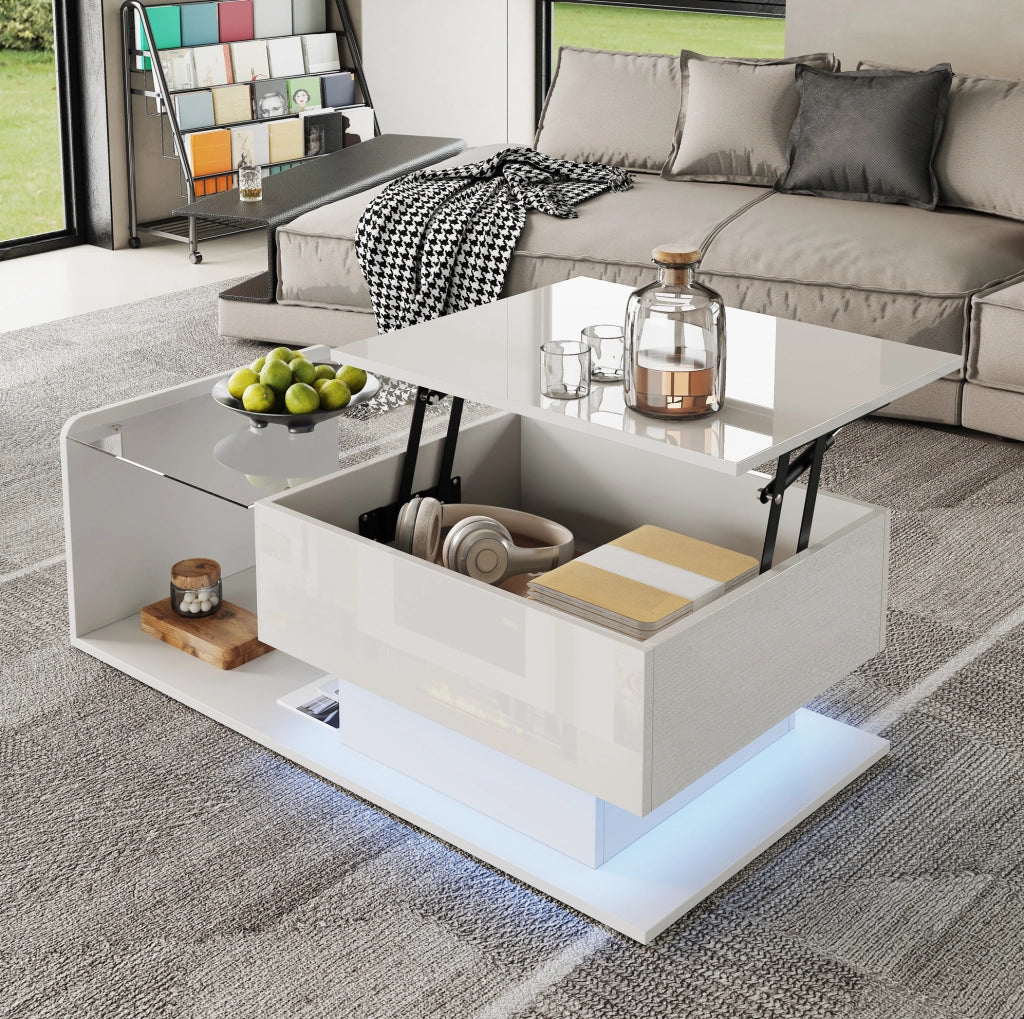 Tavolino da caffè elevabile 100x50x33/47;5 cm bianco lucido con LED e vetro temperato