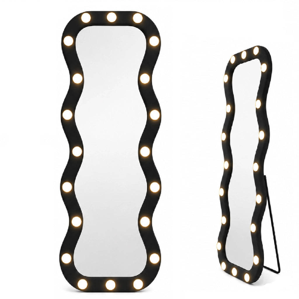 Specchio Grande Ondulato 60x160 cm con 20 Led, Cornice in Velluto Nero Moderno Accensione Touch