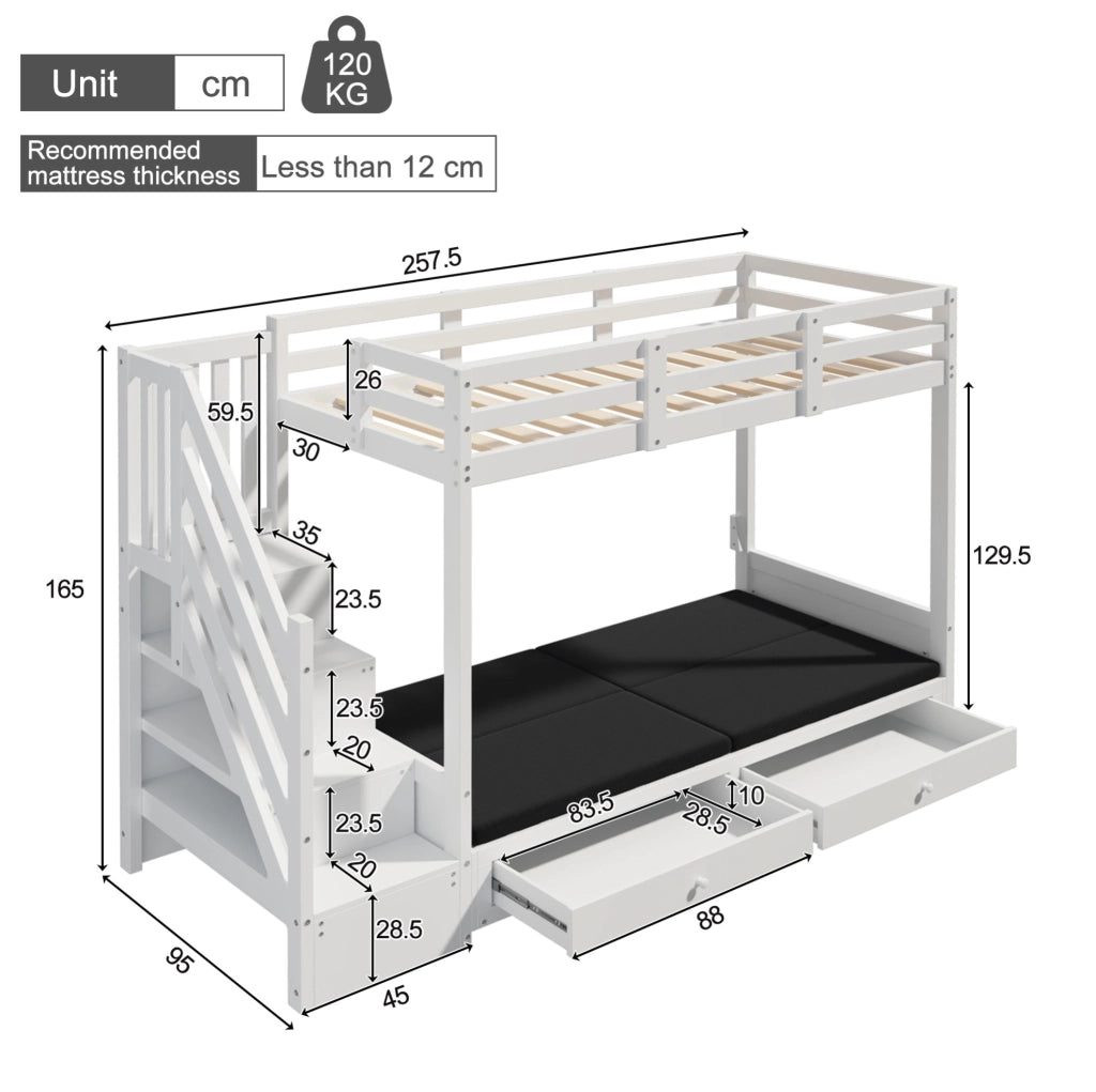 Letto a castello 90x200 cm con divano, scala contenitore e cassetti