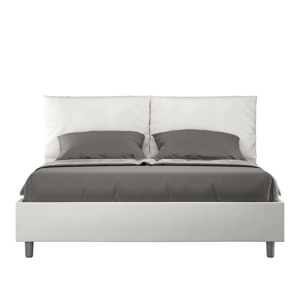 Letto Matrimoniale 160x200 cm con Rete e Contenitore con Alzata Comoda Imbottito in Similpelle Antea Bianco