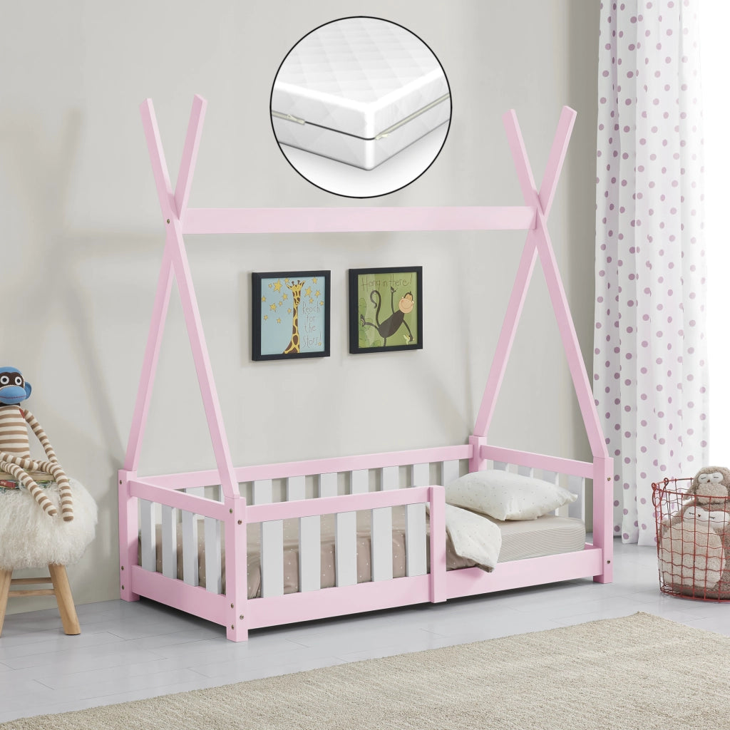 Letto a Capanna Helsingborg con Sponde e Materasso 70 x 140 cm Rosa [en.casa]