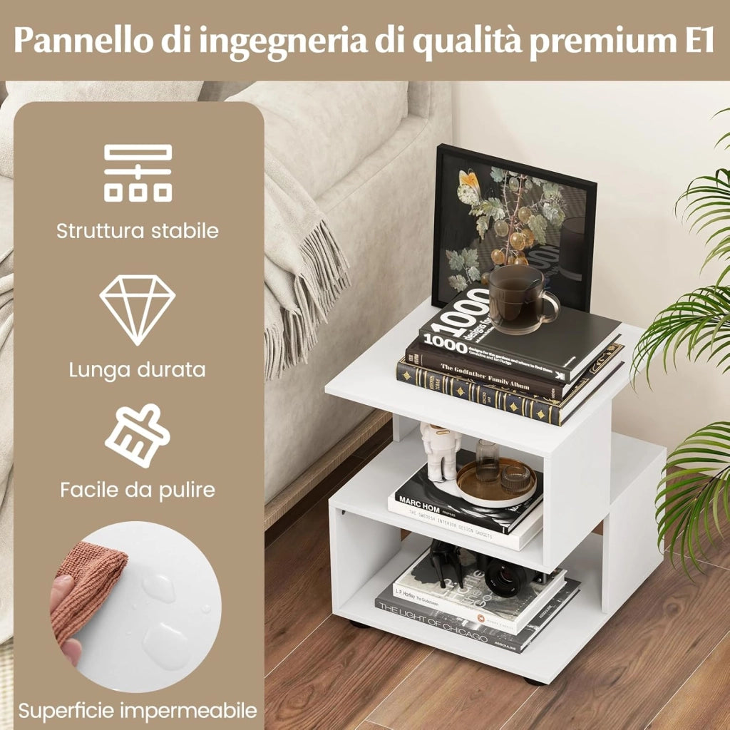 Tavolino da Salotto a 3 Livelli, Tavolino Moderno con Ripiani e Piedini Antiscivolo, Comodino Multiuso per Camera da Letto, Soggiorno, Studio e Ufficio, Bianco
