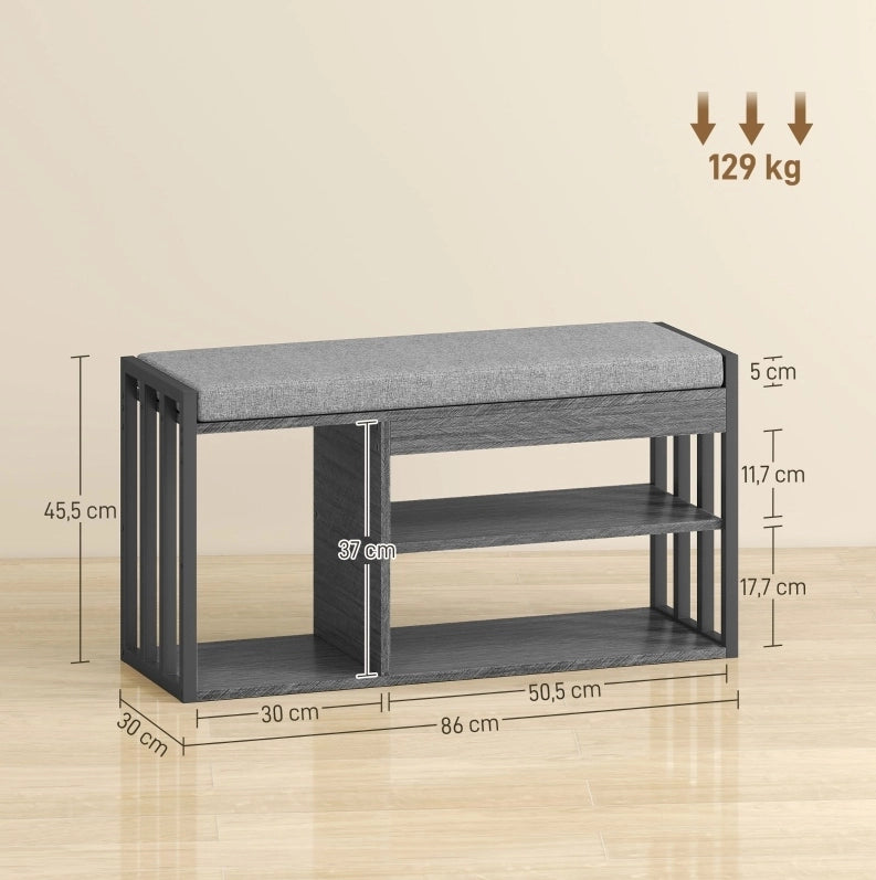 Panca portascarpe 86x30x45.4 cm con cuscino e 3 ripiani in legno grigio