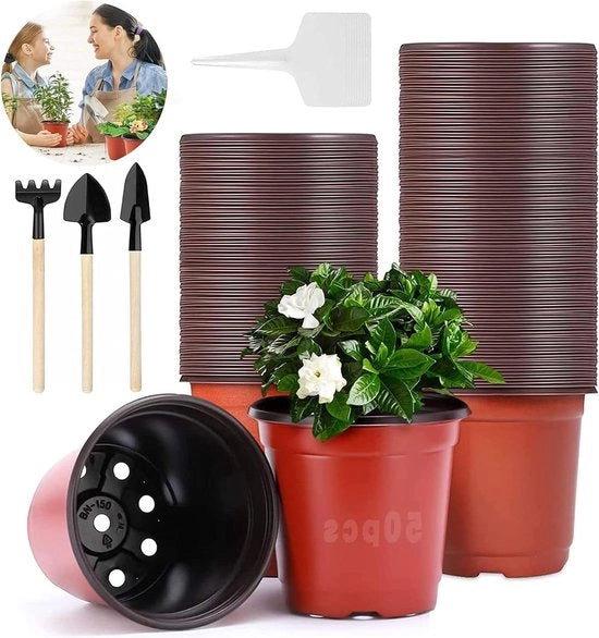 Set di vasi da fiori 15 cm - pacchetto da 50 pezzi per interni ed esterni - con etichette per piante e attrezzi da giardino