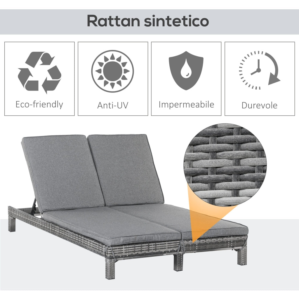 Lettino Prendisole da Giardino Matrimoniale in Rattan  Marrone e Grigio