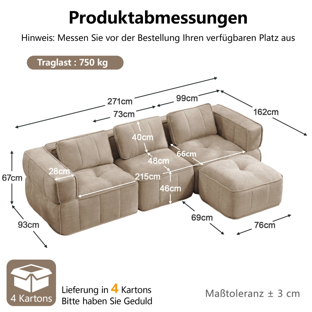 Divano modulare angolare senza struttura a 3 posti con pouf in poliestere sabbia per soggiorno 271 × 162 × 67 cm